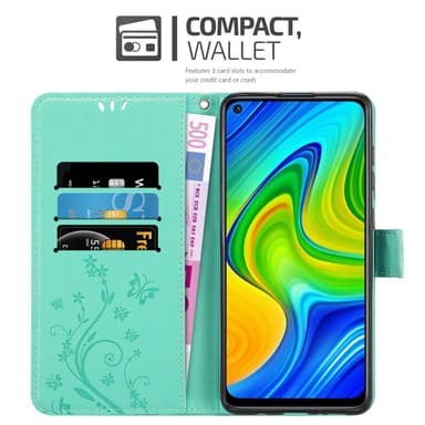 Xiaomi RedMi NOTE 9 lommebokdeksel Blomster (Turkis)
