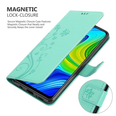 Xiaomi RedMi NOTE 9 lommebokdeksel Blomster (Turkis)