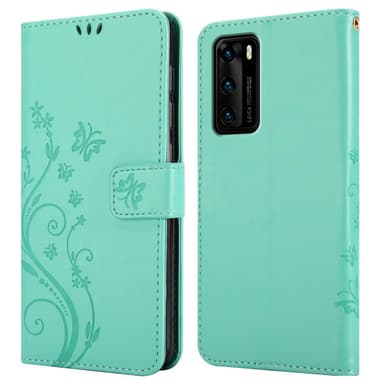 Huawei P40 lommebokdeksel Blomster (turkis)