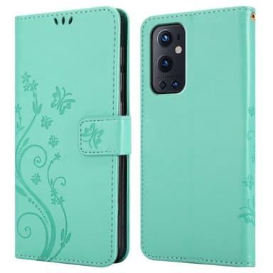OnePlus 9 PRO lommebokdeksel Blomster (Turkis)