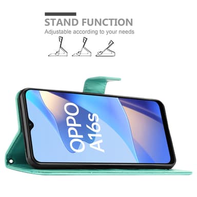 Oppo A16s / A54s lommebokdeksel Blomster (turkis)