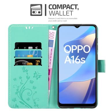 Oppo A16s / A54s lommebokdeksel Blomster (turkis)