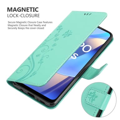 Oppo A16s / A54s lommebokdeksel Blomster (turkis)