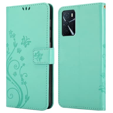 Oppo A16s / A54s lommebokdeksel Blomster (turkis)
