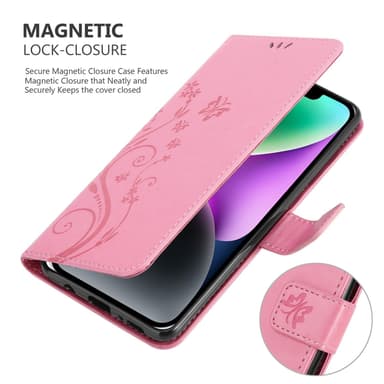 iPhone 14 PLUS lommebokdeksel Blomster (rosa)