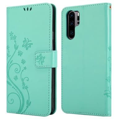 Huawei P30 PRO lommebokdeksel Blomster (turkis)