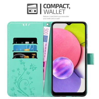 Samsung Galaxy A03s lommebokdeksel Blomster (turkis)