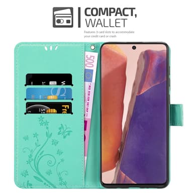 Samsung Galaxy NOTE 20 lommebokdeksel Blomster (turkis)