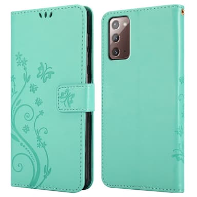 Samsung Galaxy NOTE 20 lommebokdeksel Blomster (turkis)
