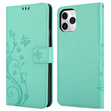 iPhone 11 PRO MAX lommebokdeksel Blomster (turkis)