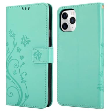 iPhone 11 PRO MAX lommebokdeksel Blomster (turkis)