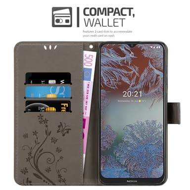 Nokia G10 / G20 lommebokdeksel Blomster (grå)