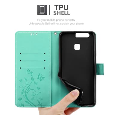 Huawei P9 PLUS lommebokdeksel Blomster (turkis)