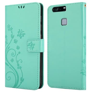 Huawei P9 PLUS lommebokdeksel Blomster (turkis)