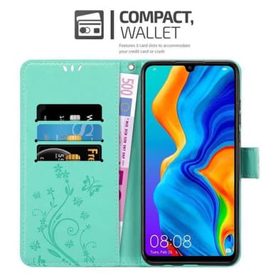 Huawei P30 LITE lommebokdeksel Blomster (turkis)