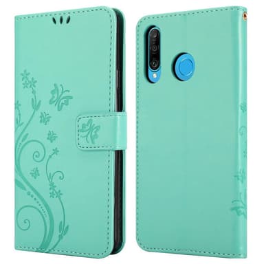 Huawei P30 LITE lommebokdeksel Blomster (turkis)