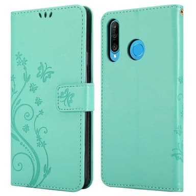 Huawei P30 LITE lommebokdeksel Blomster (turkis)