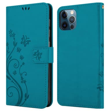 iPhone 12 / 12 PRO lommebokdeksel Blomster (blå)