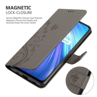 Realme 6 4G / 6s lommebokdeksel Blomster (grå)