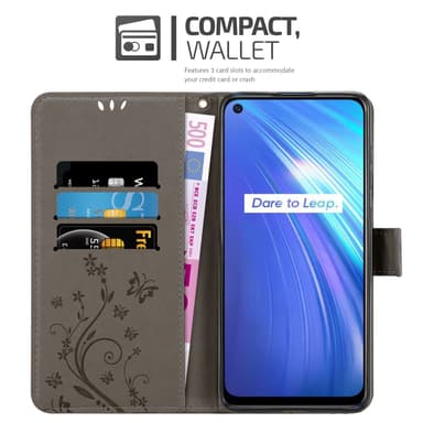 Realme 6 4G / 6s lommebokdeksel Blomster (grå)