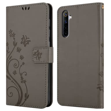 Realme 6 4G / 6s lommebokdeksel Blomster (grå)