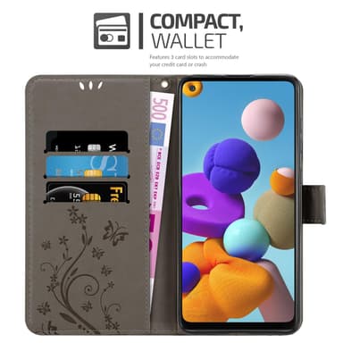 Samsung Galaxy A21s lommebokdeksel Blomster (grå)