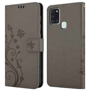 Samsung Galaxy A21s lommebokdeksel Blomster (grå)