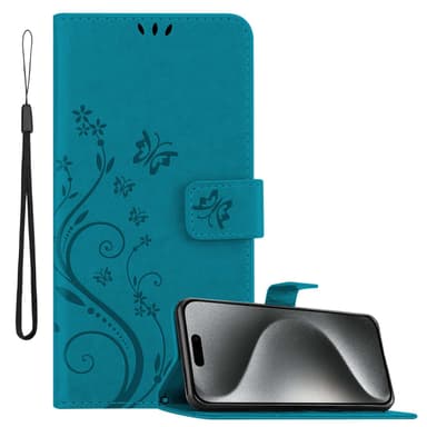iPhone 15 PRO MAX lommebokdeksel Blomster (Blå)