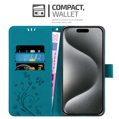 iPhone 15 PRO MAX lommebokdeksel Blomster (Blå)