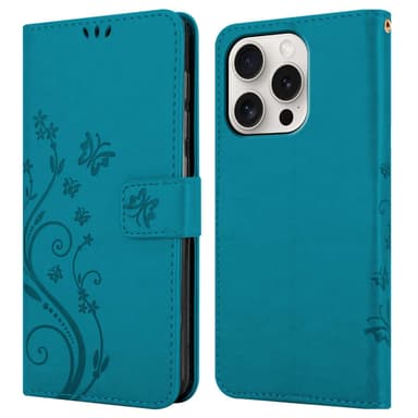 iPhone 15 PRO MAX lommebokdeksel Blomster (Blå)
