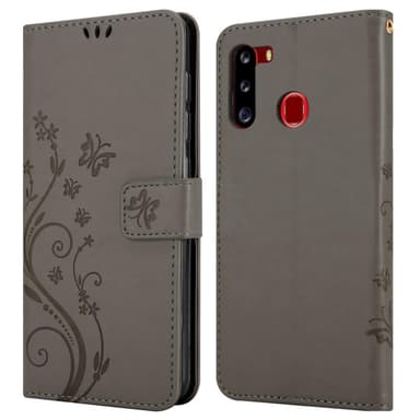 Samsung Galaxy A21 lommebokdeksel Blomster (grå)