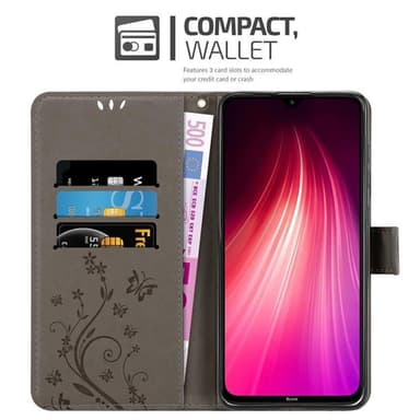 Xiaomi RedMi NOTE 8 lommebokdeksel Blomster (grå)