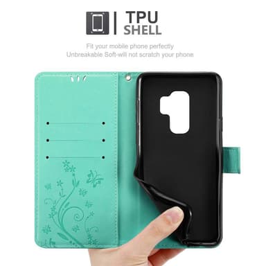 Samsung Galaxy S9 PLUS lommebokdeksel Blomster (turkis)