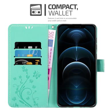 iPhone 13 PRO MAX lommebokdeksel Blomster (turkis)