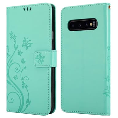 Samsung Galaxy S10 4G lommebokdeksel Blomster (turkis)