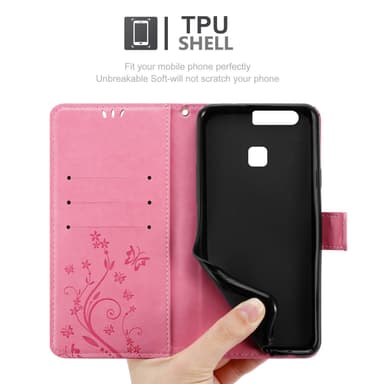 Huawei P9 lommebokdeksel Blomster (rosa)