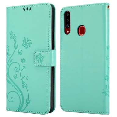 Samsung Galaxy A20s lommebokdeksel Blomster (turkis)