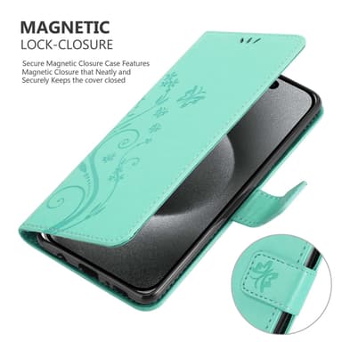 iPhone 15 PRO MAX lommebokdeksel Blomster (Turkis)