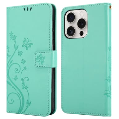 iPhone 15 PRO MAX lommebokdeksel Blomster (Turkis)