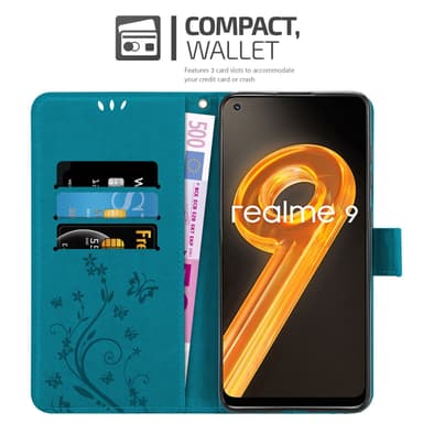 Realme 9 4G / 9 PRO+ lommebokdeksel Blomster (blå)
