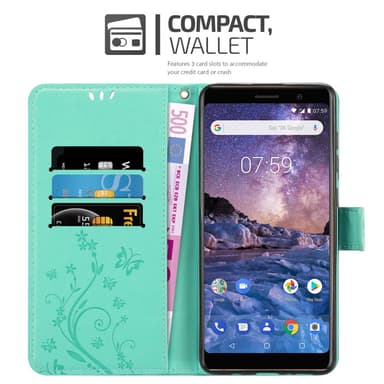 Nokia 7 PLUS lommebokdeksel Blomster (turkis)