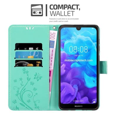 Huawei Y6 PRO 2019 lommebokdeksel Blomster (turkis)