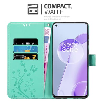 OnePlus 9RT 5G lommebokdeksel Blomster (turkis)