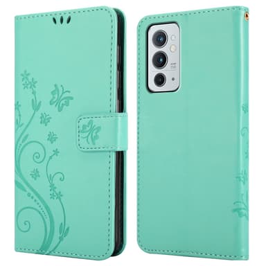 OnePlus 9RT 5G lommebokdeksel Blomster (turkis)