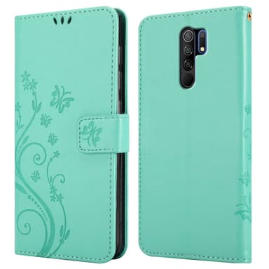Xiaomi RedMi 9 lommebokdeksel Blomster (Turkis)