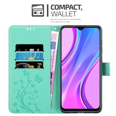 Xiaomi RedMi 9 lommebokdeksel Blomster (Turkis)