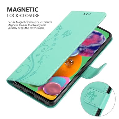 Samsung Galaxy A90 5G lommebokdeksel Blomster (turkis)