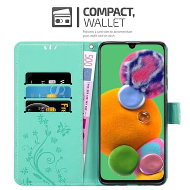 Samsung Galaxy A90 5G lommebokdeksel Blomster (turkis)