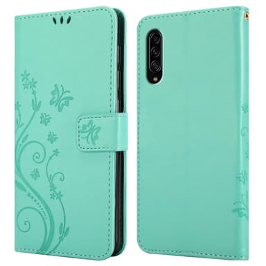Samsung Galaxy A90 5G lommebokdeksel Blomster (turkis)