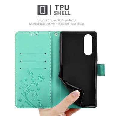 Sony Xperia 5 lommebokdeksel Blomster (turkis)